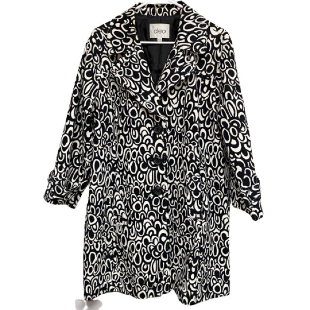 Cleo Trench Coat Women XL Black White Abstract Mod Retro Cotton Blend Mod Office